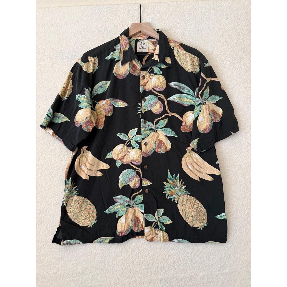 Pau Hana Shirt Mens XL Black Pineapple Banana Short Sleeve Button Up Hawaiian